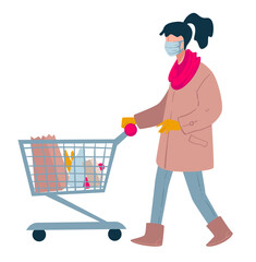 Woman shopping in supermarket with trolley, lady wearing mask