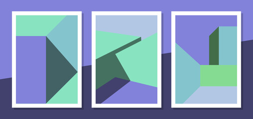 Set of minimalist architecture building shape green-purple color. Minimal modern posters, forms of wall art, print art, digital art, architecture, and everything related to decoration.