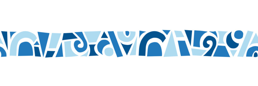 Abstract blue shapes seamless horizontal vector border. Cute abstract geometric shapes collage repeating pattern blue. Modern abstract art for kids decor, fabric trim, cards, ribbons