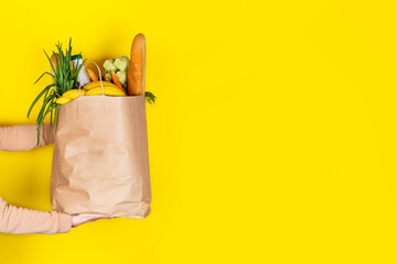 Girl or woman holds a paper bag filled with groceries such as fruits, vegetables, milk, yogurt,...