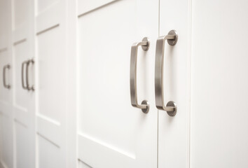 White wooden cupboard doors modern interior, storage or wardrobe closed with metal handles