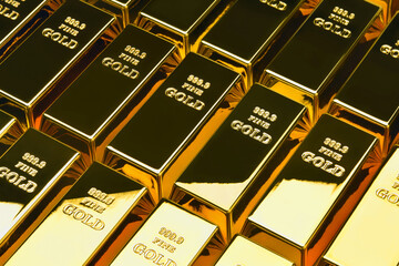 Row of gold bars. Gold background.