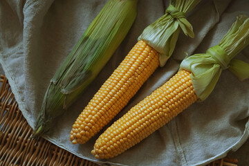 Fresh sweet corn cobs on a towel on a wicker tray, ready to cook