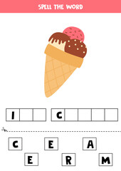 Spelling game for kids. Cute cartoon ice cream.
