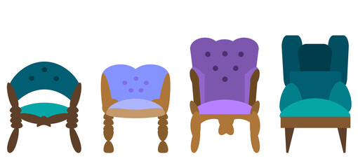 A set of antique armchairs and chairs isolated on a white background. Vector illustration in flat style. Collection of furniture for bedroom, office, living room