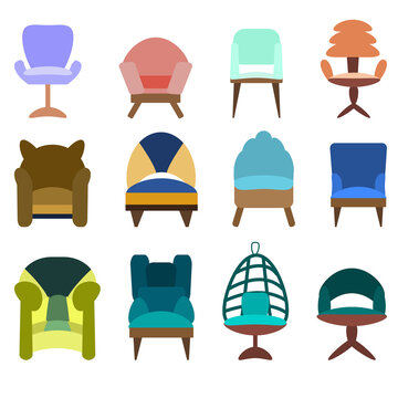 A set of antique and modern colored armchairs and chairs isolated on a white background. Vector illustration in flat style. Collection of furniture for bedroom, office, living room