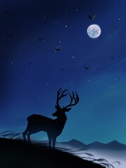 Obraz na płótnie Canvas male deer's silhouette and beautiful winter landscape