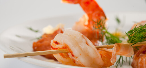 Garnelen Reis Food Fisch Garnelenspiße Kräuter Holzspieß Meerestier Krustentiere