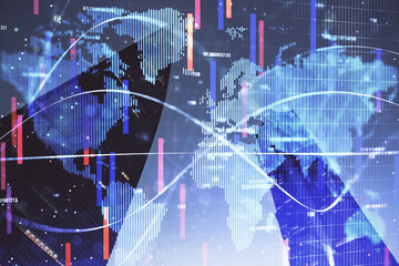 Double exposure of business theme hologram drawing and city veiw background. Concept of success.