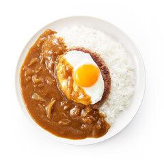 カレーライス　ハンバーグ+目玉焼きトッピング　【バック飛ばし・真俯瞰】