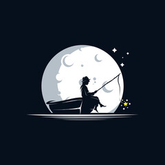 Kid fishing in the moon logo design template