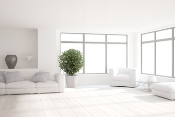 modern room with sofa,armchair,bench,table,vases and lamp interior design. 3D illustration