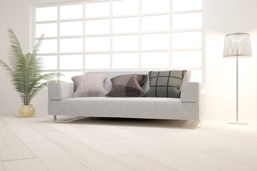 modern room with sofa,lamp,pillows and plants interior design. 3D illustration