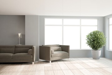modern room with sofa,armchair,lamp and plants interior design. 3D illustration