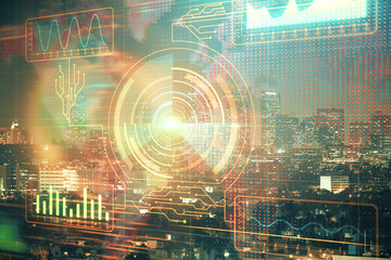 Data theme hologram drawing on city view with skyscrapers background multi exposure. Ai concept.