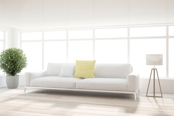 modern room with sofa,plant and lamp interior design. 3D illustration