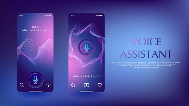 Smart Voice Assistant Mobile App Concept. Screenshot Digital Phone Control Device And Voice Command. AI Home Via Wireless Connection. Smartphone Screen Technology Remote Template. Vector Illustration.