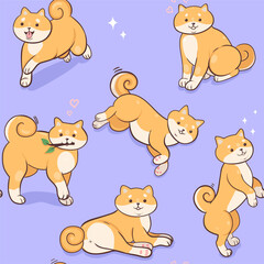 Seamless pattern with shiba inu on a purple background. Vector graphics.