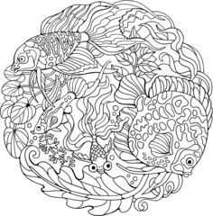 Coloring page for adult and older children with aquarium fishes.Outline drawing in zentangle style