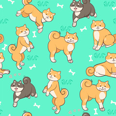 Seamless pattern with shiba inu on a green background. Vector graphics.
