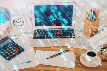 Multi exposure of desktop with computer on background and tech theme drawing. Concept of big data.