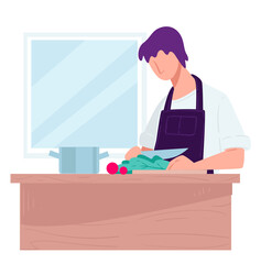 Character cooking at home, man preparing meal in kitchen