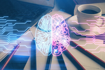 Double exposure of desktop computer and human brain drawing hologram. Ai concept.