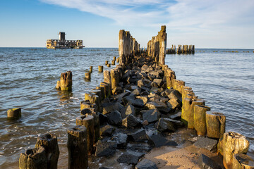 Breakwaters at Baltic Sea. The old torpedo station in Babie Doly. Poland, Europe.