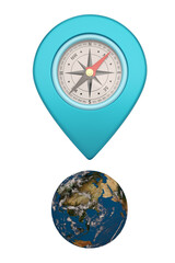 Compass map pin isolated on white background. 3D illustration.