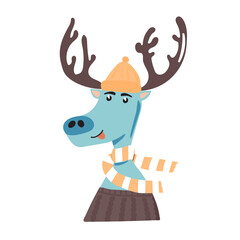 Cheerful deer in a cap, sweater and scarf.