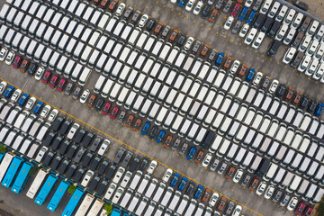 Aerial view of all new cars parking at the factory