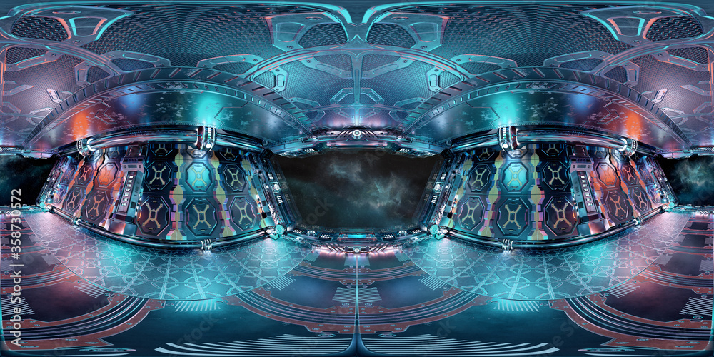Aufkleber High resolution HDRI panoramic view of a spaceship interior. 360 panorama reflection mapping of a futuristic spacecraft room 3D rendering