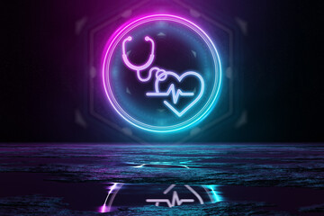 Digital medical holographic icon illuminating the floor with blue and pink neon light 3D rendering