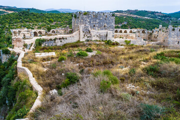 Fototapeta na wymiar It's The Nimrod Fortress or Nimrod's Fortress, a medieval fortress situated in the northern Golan Heights, on a ridge rising about 800 m (2600 feet) above sea level. Syria