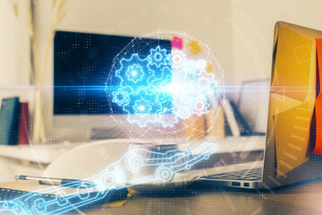 Multi exposure of desktop computer and technology theme hologram. Concept of software development.