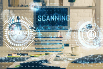 Multi exposure of desktop computer and technology theme hologram. Concept of software development.