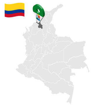 Location of Sucre on map Colombia. 3d Sucre location sign. Flag of Sucre. Quality map with regions  of Colombia for your web site design, logo, app, UI. Stock vector. EPS10.