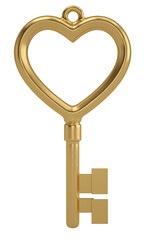 gold heart key isolated on white background. 3D illustration.