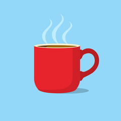 Red coffee mug, tea cup on blue background. Vector illustration