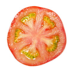 Ripe red tomato slice isolated on white background, top view