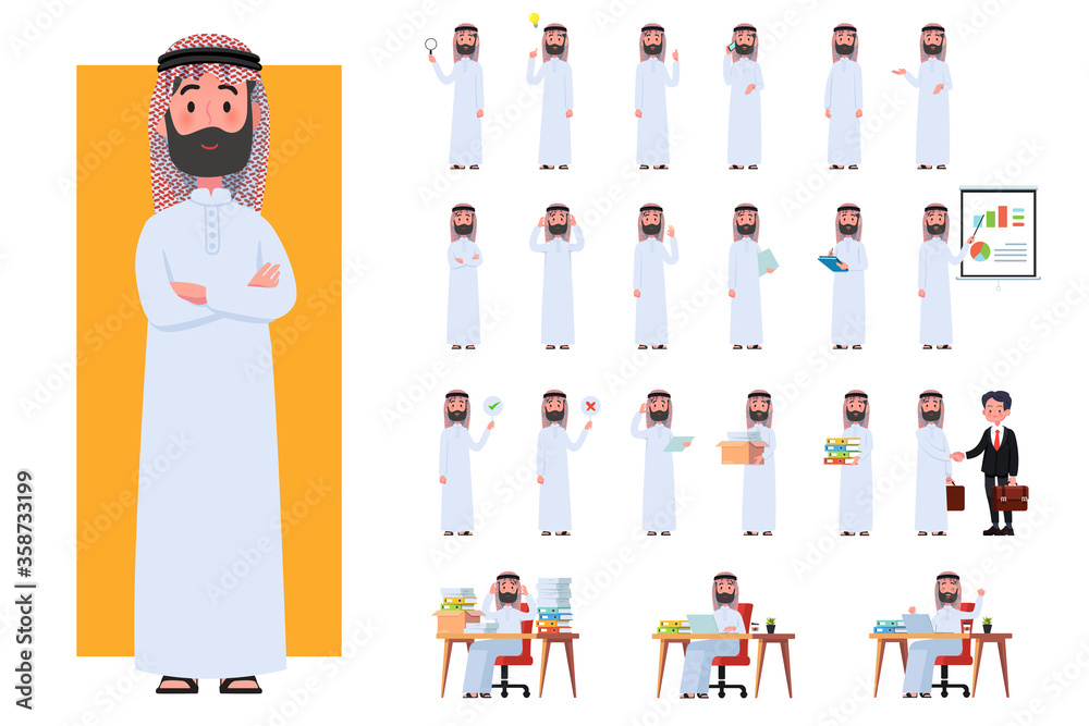 Wall mural diverse set of arab man on white background. muslim businessman with gadgets in flat design people c