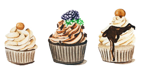 three chocolate cupcakes in watercolor on a white background