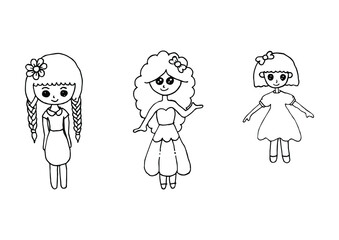 Three cute cartoon girls on a white background, little Princess girl. Vector illustration.