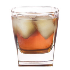 Whiskey with ice cubes. Isolated on white