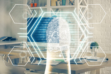 Fototapeta premium Computer on desktop in office with finger print drawing. Double exposure. Concept of business data security.