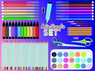 A great creative set for drawing with lettring. The set has colored pencils, felt-tip pens, watercolor paints, scissors, brushes, and simple pencils. This set will give to each artist. Drawing set.