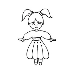 Hand drawn beautiful, cute, little Princess girl. Vector illustration. Coloring page.