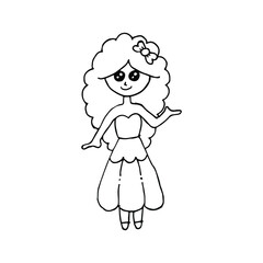 Hand drawn beautiful, cute, little Princess girl. Vector illustration. Coloring page.