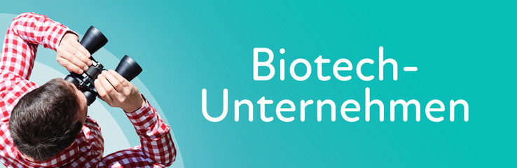 Naklejka premium Biotech-Unternehmen. Mann mit Fernglas aus Vogelperspektive. Beobachtung, Draufsicht, Panorama. Business Text auf blau. Statistik, Wirtschaft