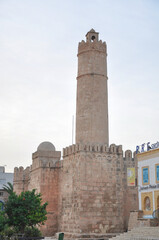 Fototapeta premium Sousse, TUNISIA - February 02, 2009: Ribat (Aghlabid style) - southeast corner of exterior wall with a cylindrical watch tower.